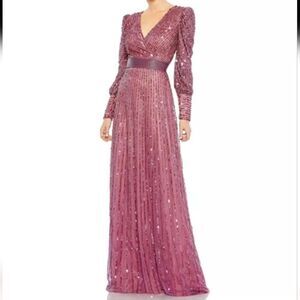 Mac Duggal Size 14 Mauve Sequined Wrap Over Bishop Sleeve Gown, NEW